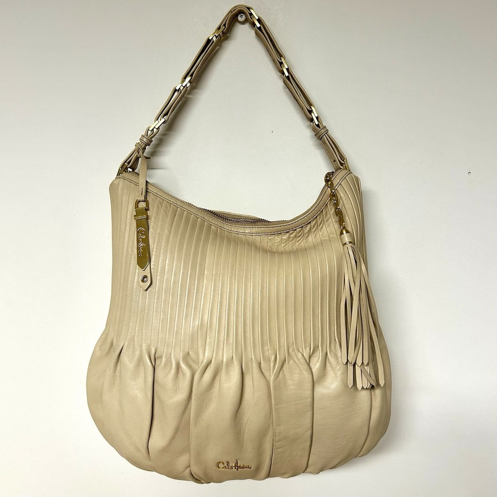Cole Haan Soft Leather Hobo Bag Cream Pleated Slouchy Tassel Chain B27404